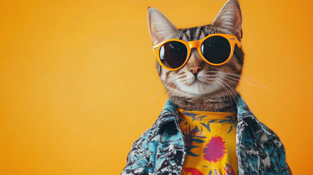 A stylish cat dons trendy sunglasses and a colorful shirt, exuding a playful personality against a bright orange background. Perfect for summer vibes!の素材