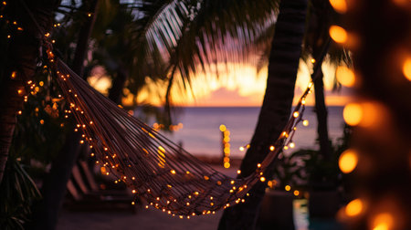 A tranquil scene featuring a hammock adorned with fairy lights, framed by palm trees against a stunning sunset backdrop over the beach. Ideal for relaxation and vacation themes.の素材