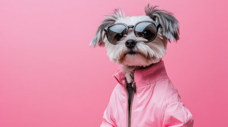 A fashionable dog showcases a stylish look wearing sunglasses and a vibrant pink jacket. This adorable pet exudes charm and confidence, perfect for a fun photoshoot.の素材