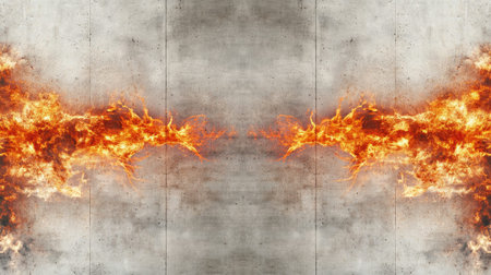 A striking visual of vibrant flames bursting against a textured gray concrete backdrop. This image captures the essence of energy and warmth, perfect for creative projects.の素材