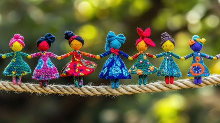 This image captures a charming display of colorful handcrafted dolls, each adorned in unique and vibrant dresses, set against a natural backdrop.の素材