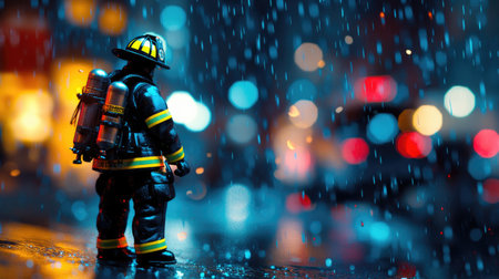 A captivating scene featuring a toy firefighter figure standing in rainfall, with vibrant bokeh lights creating a dynamic urban atmosphere. Perfect for themes of heroism and nostalgia.の素材