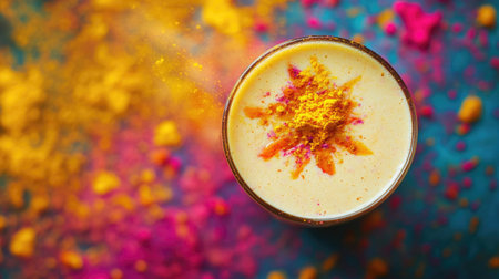 An artistic depiction of a colorful beverage topped with vibrant Holi powder, symbolizing celebration and joy during traditional festivals.の素材