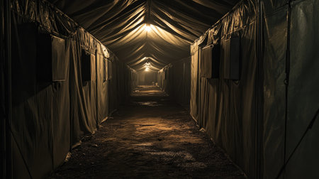 A hauntingly beautiful corridor inside a military tent, illuminated by soft lighting. The dim atmosphere evokes feelings of solitude and mystery.の素材