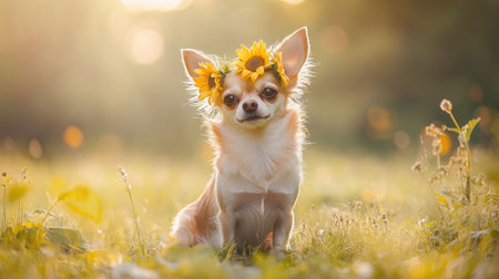 A charming chihuahua dog adorned with a lovely sunflower crown sits gracefully on the grass, basking in soft, natural light during the golden hour, evoking joy and serenity.の素材
