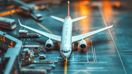 A serene airport scene features a detailed airplane on the runway during a stunning sunset, showcasing the harmonious blend of aviation and nature.の素材