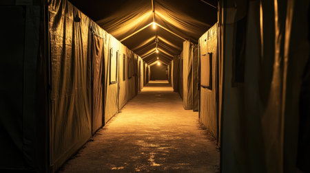 A tranquil view of a dimly lit corridor lined with military tents, showcasing a warm ambiance and serene atmosphere ideal for explorations.の素材