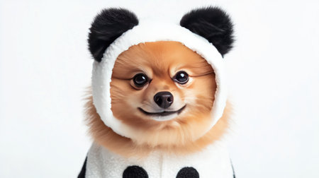 This charming Pomeranian dog dressed in a playful panda costume brings joy and warmth. Its fluffy fur and expressive eyes create a delightful portrait, perfect for any pet lover.の素材