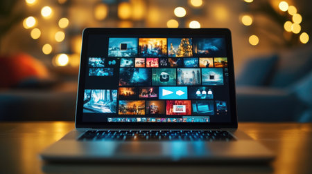 A sleek laptop screen showcases a gallery of vibrant digital images, set against a warm, inviting backdrop of bokeh lights. Perfect for illustrating creativity and technology in a cozy environment.の素材