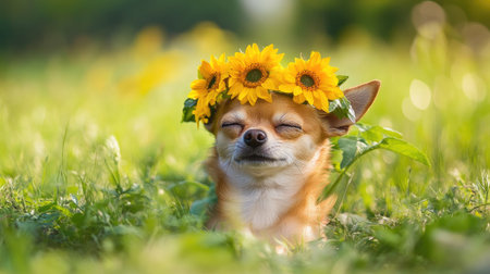 This enchanting image captures a charming chihuahua dog adorned with a sunflower crown, relaxing peacefully in a sunlit meadow. The serene atmosphere and vibrant colors highlight the dog's playful spirit and affectionate nature, making it perfect for pet lovers and whimsical themes.の素材