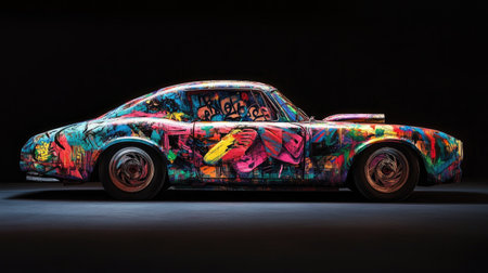 This stunning image captures a unique car adorned with vibrant graffiti art, set against a dark background, showcasing creativity and urban culture.の素材