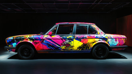 This image showcases a vibrant, artfully painted car displayed in a modern exhibition space, featuring a dynamic blend of colors and graffiti designs.の素材