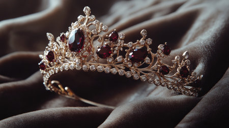 A stunning gold tiara elegantly showcases red gemstones and sparkling diamonds, capturing the essence of luxury and sophistication on a velvet backdrop.の素材