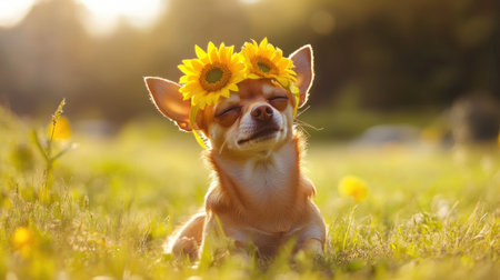 A charming chihuahua basks in the sun, adorned with a vibrant sunflower crown. The scene captures the essence of summer, happiness, and relaxation in nature.の素材