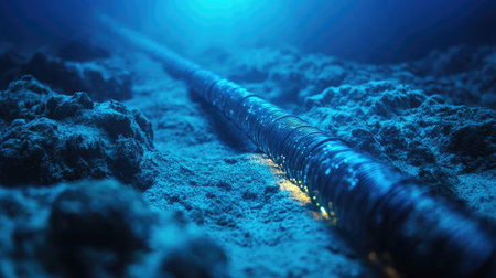 This underwater photograph captures a metal pipe resting on the ocean floor, surrounded by soft sand and rocks. Blue light enhances the serene ambiance.の素材