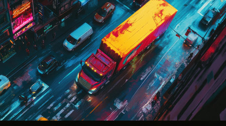 This vibrant urban scene captures the dynamic movement of a colorful truck amidst city traffic at night, showcasing the excitement of metropolitan life.の素材