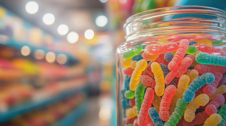 A closeup of a glass jar filled with colorful gummy worms displayed in a lively candy shop, highlighting the joyful atmosphere and vibrant selection of sweets.の素材