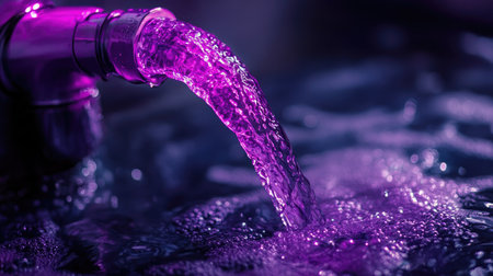 Capture the essence of vibrant purple water flowing from a faucet, creating bubbles and reflections in a captivating artistic environment.の素材