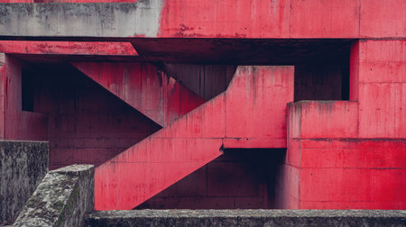 This image showcases a striking abstract red concrete structure with geometric shapes and textures, emphasizing modern architectural design and minimalism.の素材