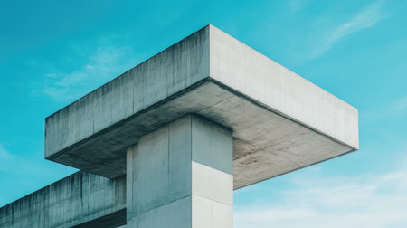 A striking image showcasing a minimalist concrete structure with geometric shapes, set against a clear blue sky, highlighting modern architectural principles.の素材