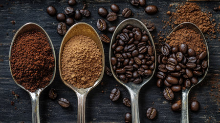 A visually appealing arrangement of four types of coffee displayed in vintage spoons against a dark wooden surface, showcasing the rich textures and tones of coffee grounds and beans.の素材