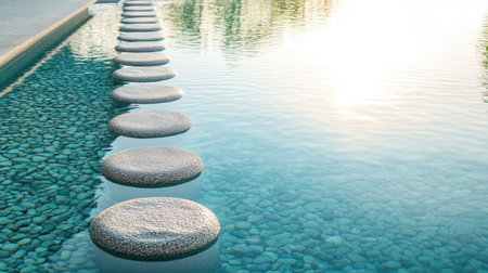A tranquil stone pathway leads across a beautifully reflective pool, capturing the essence of serenity and harmony with nature at sunset.の素材