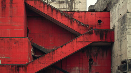 A striking urban architectural scene featuring bold red stairs against industrial concrete, highlighting geometric forms and textures in a contemporary environment.の素材