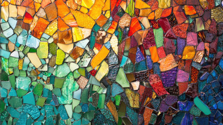 Stunning close-up of a colorful mosaic art piece made of vibrant tiles in various shapes, ideal for creative design projects and decorative purposes.の素材