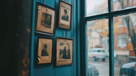 A serene indoor scene featuring vintage portraits framed on a blue wall, complemented by a rainy window view that evokes nostalgia and warmth.の素材