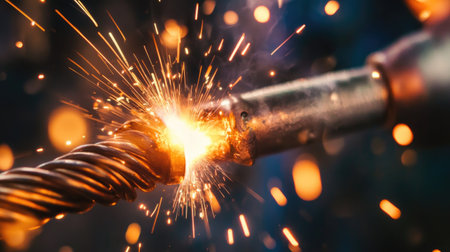 This image captures an intense moment during a welding process, showcasing the bright sparks and heat generated in a workshop setting. Perfect for illustrating craftsmanship and industrial work.の素材