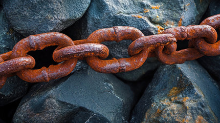 Close-up view of a rusty chain resting on dark stones, showcasing intricate textures and rich colors that highlight aging and environmental effects.の素材