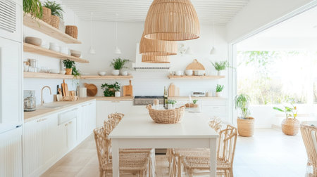 This image showcases a bright modern kitchen featuring rattan lighting fixtures and wooden shelves adorned with lush greenery, creating a serene and inviting atmosphere.の素材