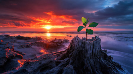 A vibrant green sprout thrives from a weathered stump, illuminated by a stunning sunset over the calm ocean, symbolizing nature's resilience and beauty.の素材