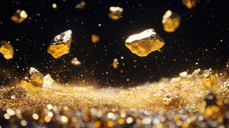 Experience the captivating beauty of floating gold particles against a dark backdrop, symbolizing wealth and luxury in a unique artistic display.の素材