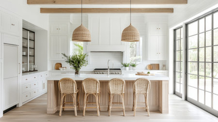 A chic modern kitchen featuring a minimalist design with natural wood accents, stylish rattan bar stools, and ample sunlight, perfect for contemporary living.の素材