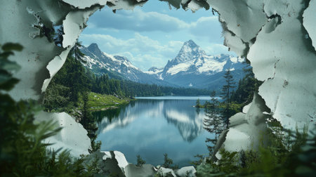 A breathtaking view of serene mountains and a tranquil lake framed by torn paper, showcasing the beauty of nature's untouched scenery and calm atmosphere.の素材