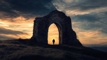A solitary figure stands at a weathered archway, framed by a stunning sunset sky. This captivating scene evokes feelings of tranquility, exploration, and history, perfect for nature and adventure themes.の素材