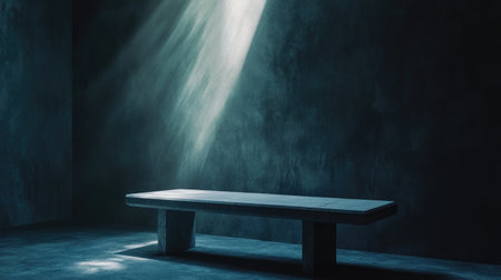 A serene minimalist interior featuring a simple bench bathed in dramatic light, set against a dark background. This tranquil space evokes feelings of calm and reflection.の素材