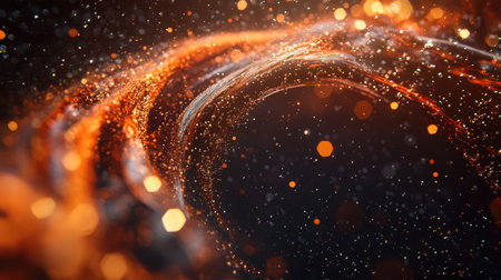 This captivating abstract art piece features a mesmerizing swirl of orange and black colors, with shimmering particles creating a magical atmosphere.の素材