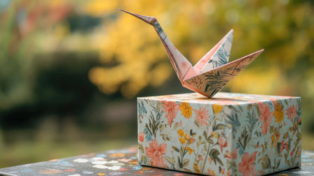 A stunning origami crane sits gracefully atop a beautifully designed floral gift box, creating a peaceful and artistic display in a serene outdoor setting.の素材