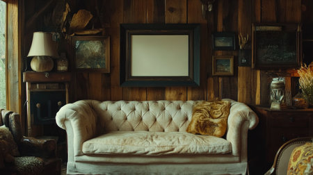 Discover a cozy vintage living room featuring an elegant sofa, wooden accents, and warm natural light, perfect for creating a serene ambience.の素材