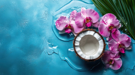 A stunning coconut showcases its creamy interior, surrounded by vibrant orchid flowers on a turquoise background, evoking tropical relaxation and beauty.の素材