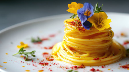 A stunning presentation of gourmet pasta twirled elegantly with vibrant yellow color, adorned with fresh edible flowers and spices for a visually appealing meal.の素材