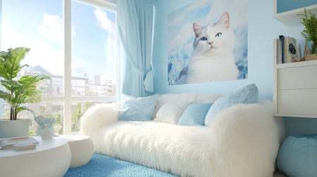 A cozy and bright living room featuring a soft white sofa adorned with blue cushions. A striking cat portrait decorates the wall under natural light, creating a serene atmosphere.の素材