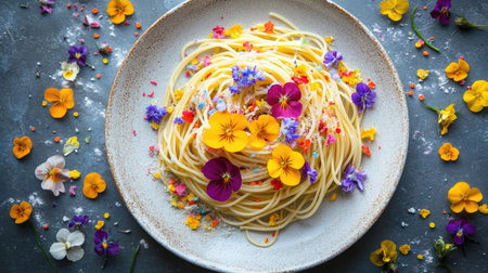 A beautifully arranged plate of freshly cooked pasta is adorned with colorful edible flowers, showcasing a vibrant and artistic culinary presentation.の素材