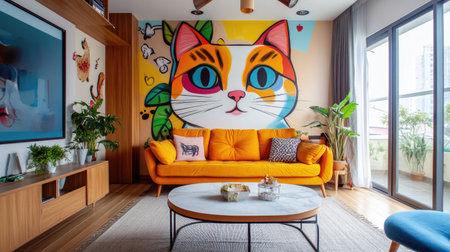 Discover a stylish living room featuring a bright orange sofa and a stunning cat mural, creating a cozy and charismatic atmosphere in modern home decor.の素材