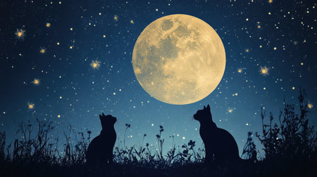 A captivating silhouette of two cats sitting in the grass, gazing at a luminous full moon under a starry night sky, evoking tranquility and beauty.の素材