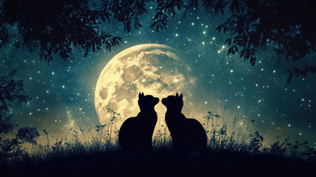 A captivating scene featuring two cats in silhouette looking up at a bright full moon amidst a starry sky. The magical atmosphere creates a perfect night landscape.の素材