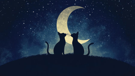 A charming image depicting two silhouetted cats sitting together under a glowing crescent moon, surrounded by a star-filled night sky. Perfect for expressing themes of love, friendship, and tranquility in nature.の素材