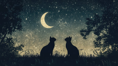 Two cats sit side by side, silhouetted against a stunning starry night sky featuring a glowing crescent moon. This serene scene captures tranquility and companionship in nature.の素材